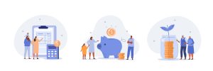 Family income set. Characters planning and bookkeeping budget and household spending. People making savings in piggy bank. Financial management concept. Vector illustration.