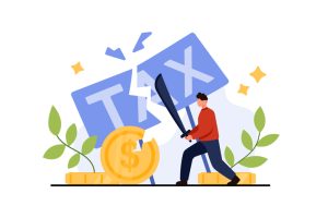 Tax cut, corporate company or government strategy. Tiny man breaking word Tax with sword to reduce deductions burden and avoid loss of money profit and expenses return cartoon vector illustration