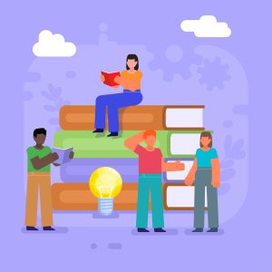 Group of people stand near stack of big books. Modern vector illustration